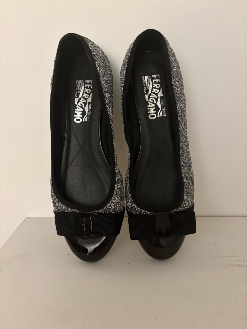 Salvatore Ferragamo Silver Glitter Bow Flats